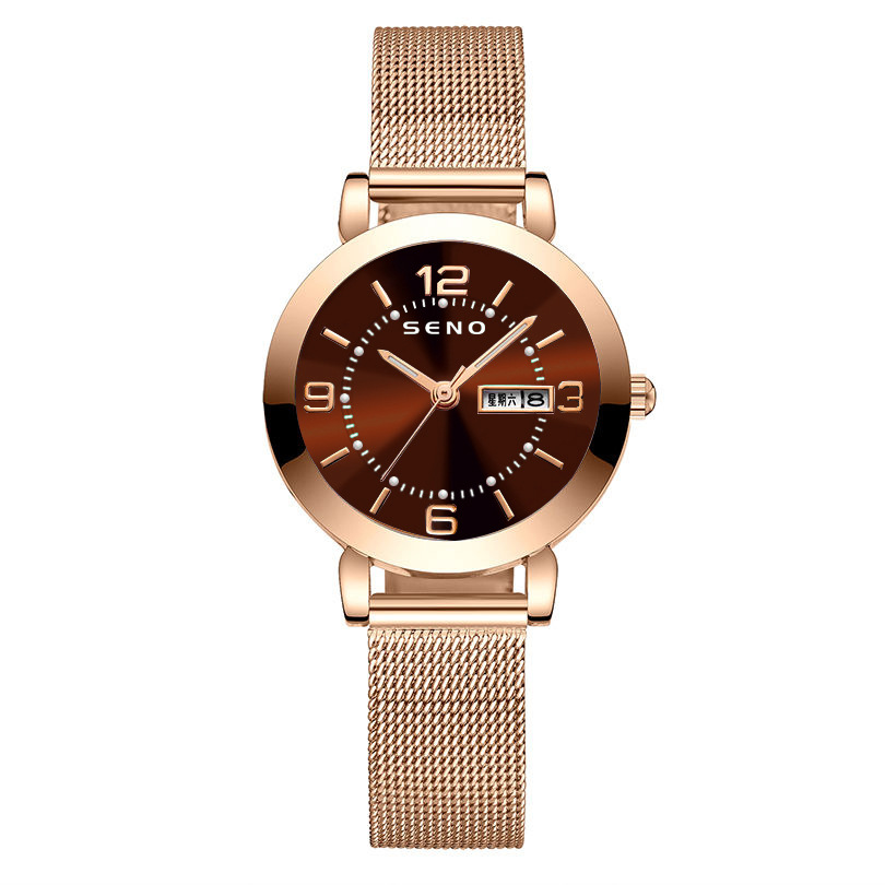 Chenuo Factory offers small-batch customized women's watches for Douyin and Kuaishou, including waterproof dual calendar quartz watches with mesh straps. OE details Picture