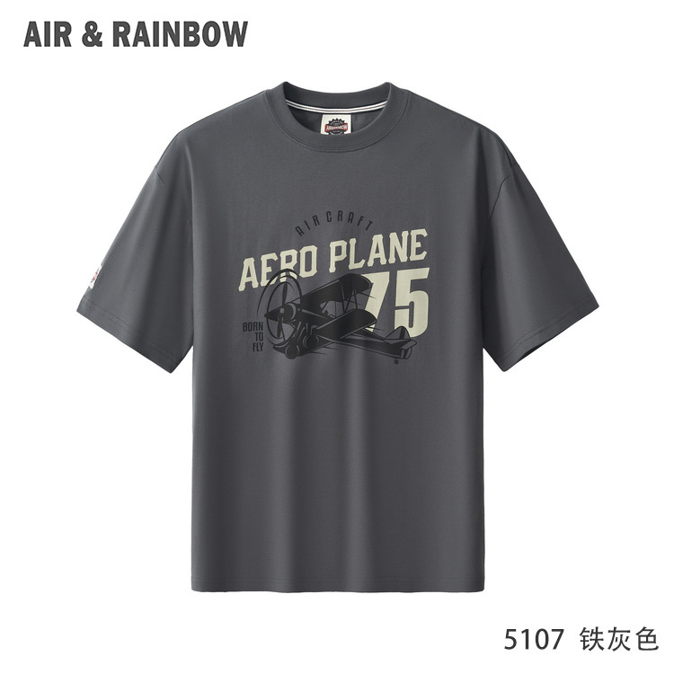 New summer breathable retro airplane print round-neck versatile, casual, fashionable, comfortable and simple men's T-shirt 5107 details Picture