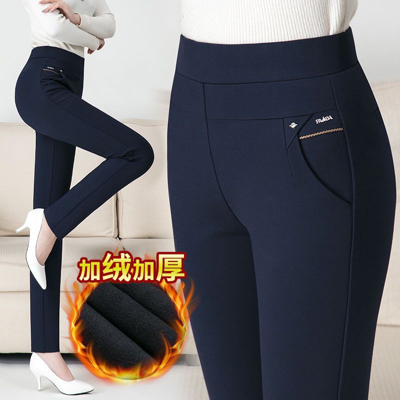 Mother Pants Autumn And Winter Thick High Waist Stretch Casual Pants Slim Warm Straight Middle-Aged Women Pants With Pile Thick Heat Specification drawing