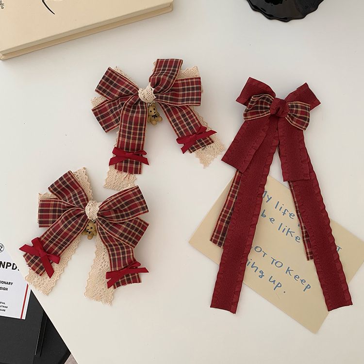 Red Plaid Bow Hairpin Brooch Double Lace Bear Japanese Cute Soft Sister Lolita Hairpin Headdress details Picture