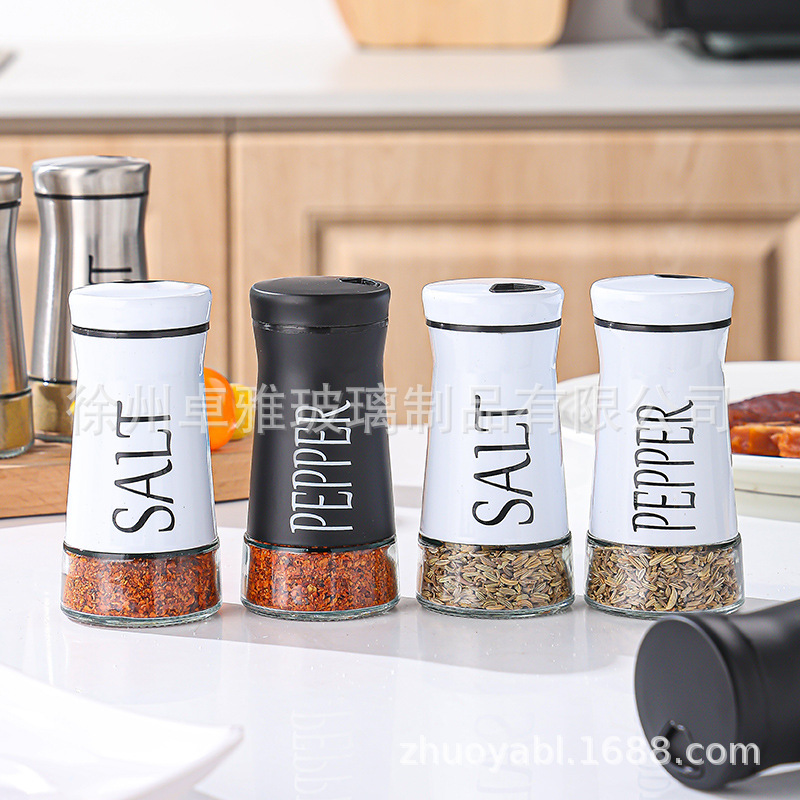 黑白玻璃调料瓶旋转可控不锈钢撒料瓶带盖盐胡椒粉孜然香料调味瓶产品图