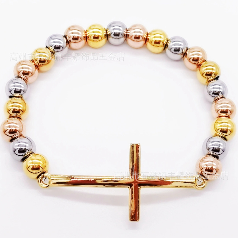 跨境热卖8mm不锈钢串珠加十字架弯牌手链圆珠手链diy弹力绳手链详情13