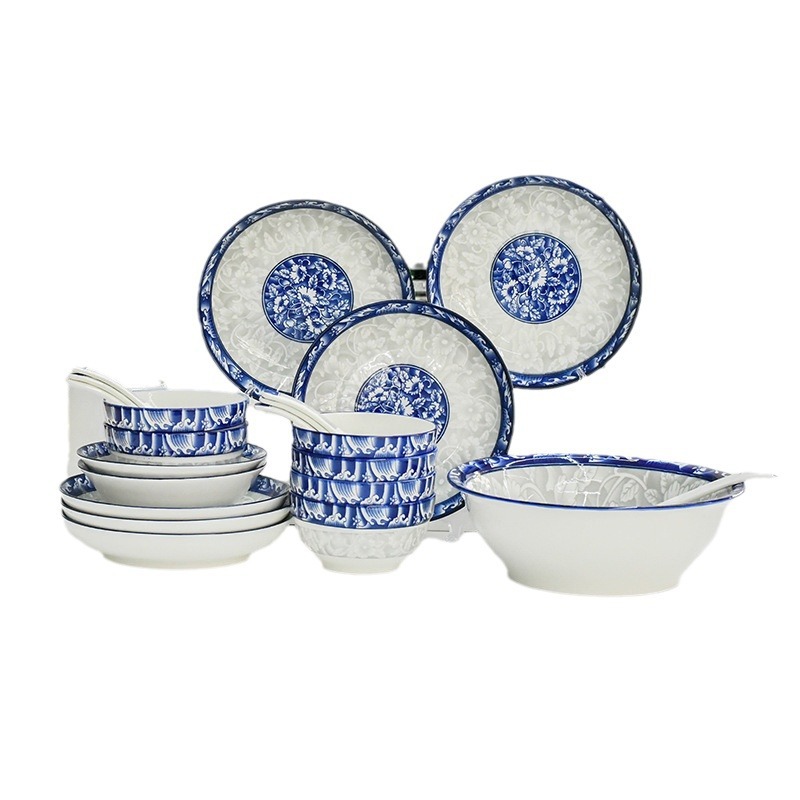 Bowl and plate set: Household tableware, Chinese underglaze color bowl and plate ceramic complete set, blue and white porcelain bowl, blue and white plate and plate combination Item Picture