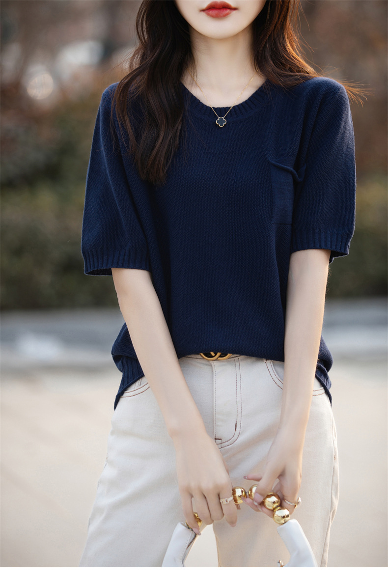 纯棉线女圆领短袖针织T恤衫带兜套头宽松显瘦夏季新款全棉上衣详情31