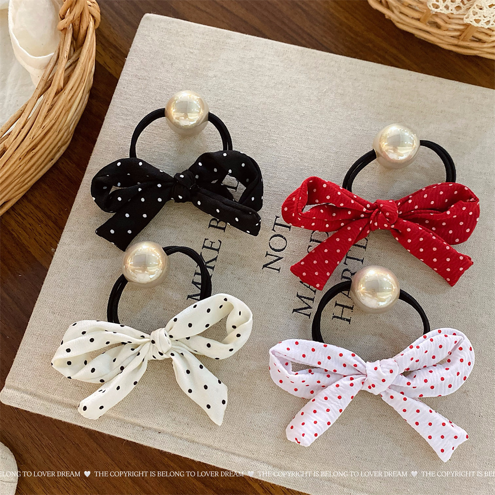 珞芙梦新款珍珠红色波点蝴蝶结发圈 甜美时尚高弹力皮筋头绳发饰