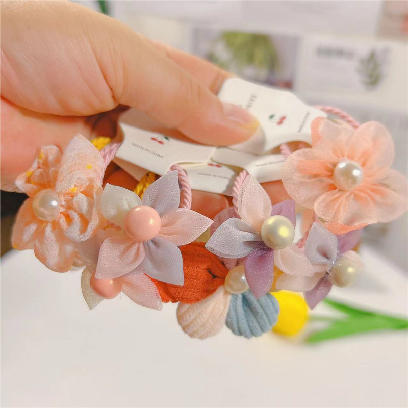 New Seersucker Five Flower Pearl Children's Scrunchie Girls' Hair Accessories Chitter Baby Hair Accessories Head String Leather Band