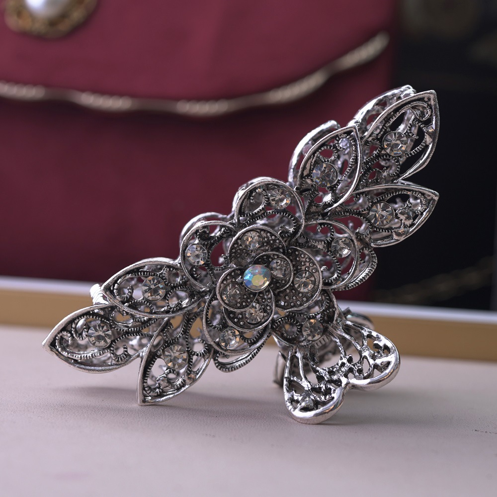 Laminated Flower Large Size Bobby Pin Alloy Clip Vintage Style Rhinestone Hair Grab European And American Hair Accessories European Wholesale Specification drawing