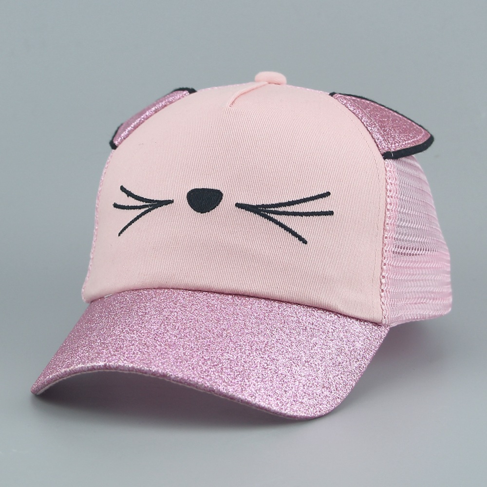 Custom-made children's hats from the hat factory are made of pink cotton cat shade, cute printed bright pink spring and summer net caps and breathable baseball caps details Picture
