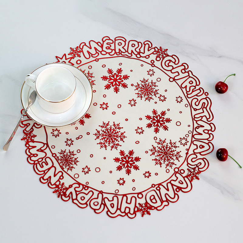 Womei festive atmosphere Red round Christmas PVC decorative placemats are simple and fashionable. Snowflake letters are waterproof, oil-proof, anti-slip, heat-resistant, wear-resistant and heat-insulating table MATS