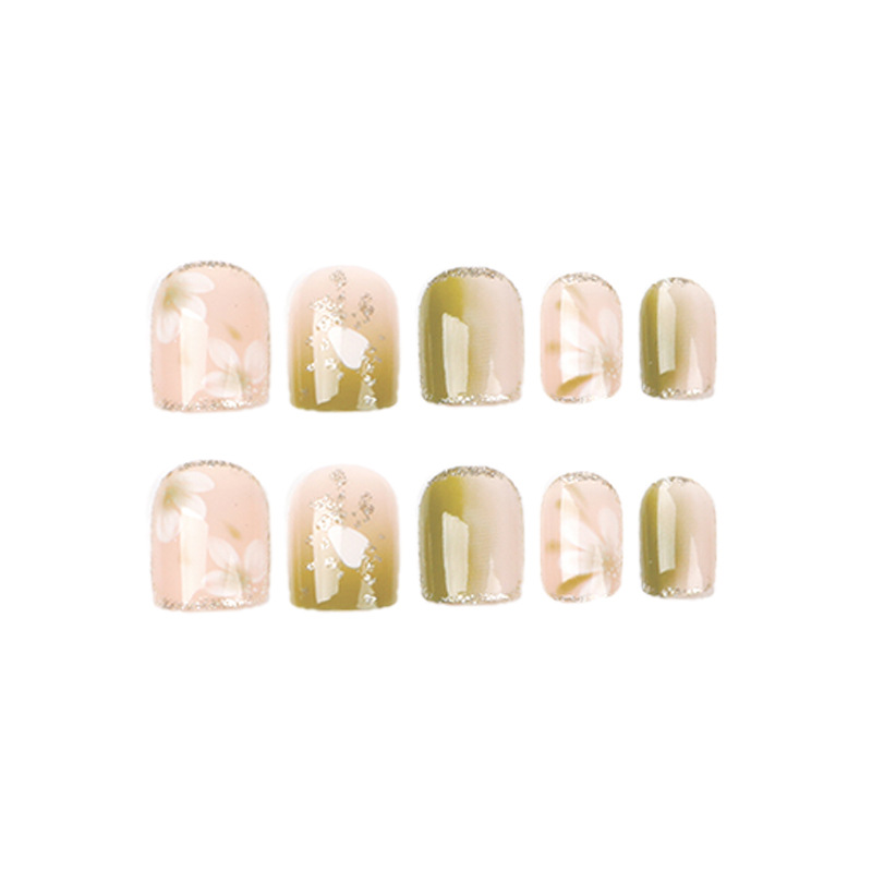 Nail Patch Wear Nail Wholesale Gradual Change Fresh Green Camellia Short Wear Nail Fake Nail Wholesale Item Picture
