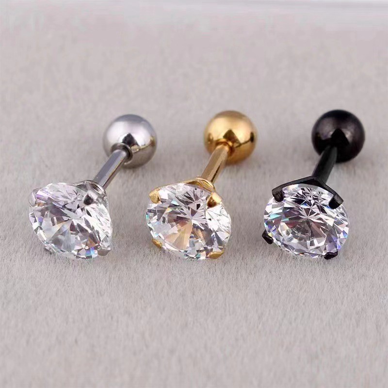 Cross-border threaded 4-prong round zircon titanium steel ear stud, Korean-style women's simple stainless steel ear stud with diamond earrings