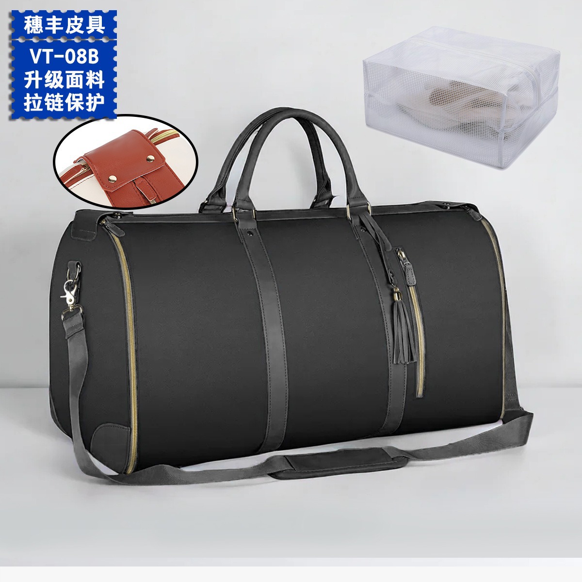 现货全黑色加厚PU面料可折叠旅行包随身服装行李袋可带上飞机便携