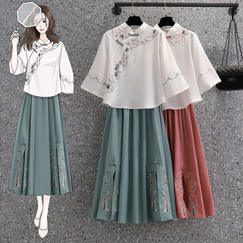 国潮民族风汉服女夏唐装汉服刺绣大码女装小个子汉服改良旗袍两件套