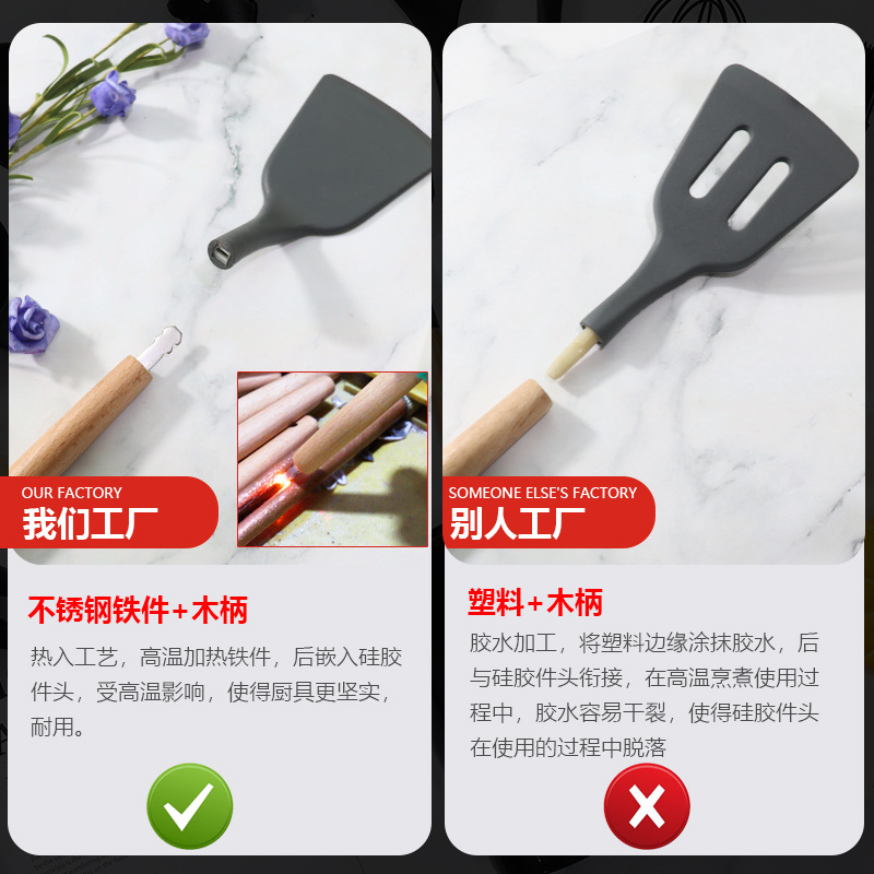 Cross-Border Silicone Spatula Soup Spoon 12 Sets Of Non-Stick Food Grade Silicone Spatula Wooden Handle Silicone Kitchenware Set Wholesale Specification drawing