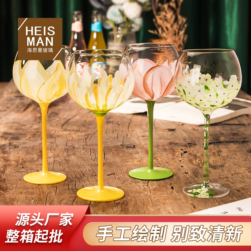 创意复古手绘高脚玻璃杯彩绘水晶红酒杯彩色葡萄酒杯洋酒杯子礼品