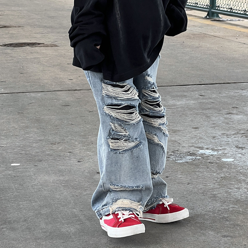 New high street ripped jeans for boys' 2020 autumn collection, straight-leg ins trendy long pants for children, spring and autumn boys' pants details Picture