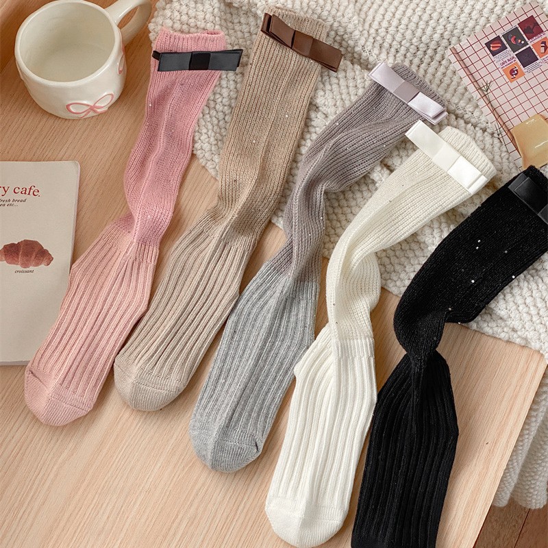 2024 Autumn/Winter new women's calf socks: Korean sequined thick thread patchwork bow decoration long tube pile socks Specification image