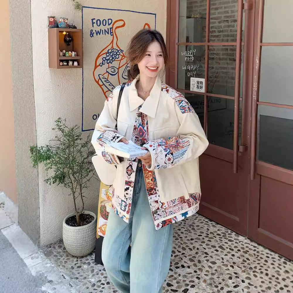 现货米白色碎花拼接工装外套女春秋美式慵懒风韩系氛围感chic上衣