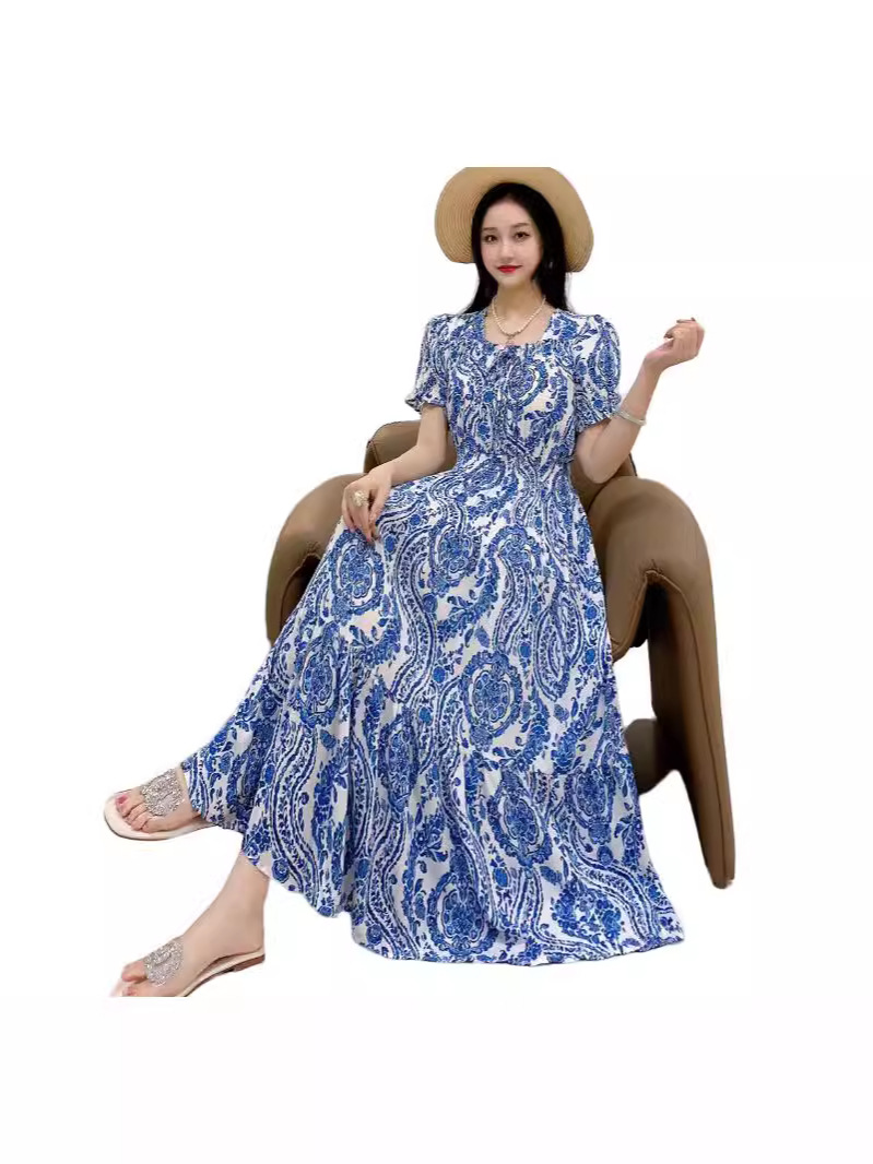 Cross-border women's clothing, cotton and silk printed dress, summer long dress, vacation and travel style, Bohemian beach dress Item Picture