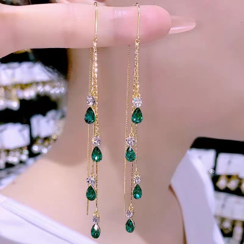 Crystal teardrop ear thread green tassel earrings 2023 new trendy summer high-end long earrings make your face slimmer Specification image