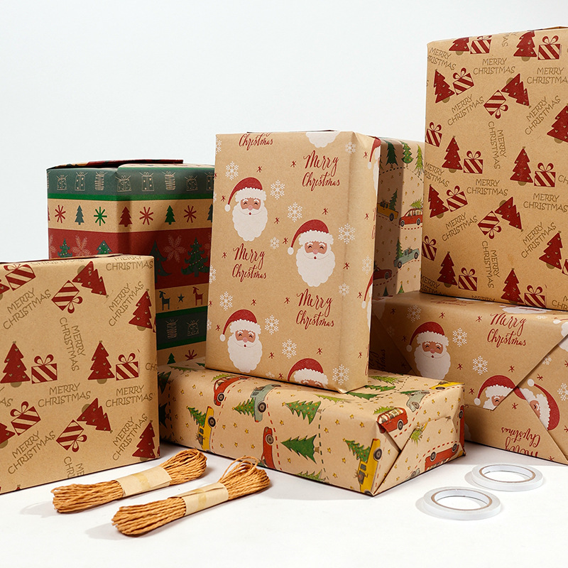 筒装大尺寸3m圣诞节牛皮纸礼品包装纸麋鹿圣诞树礼物