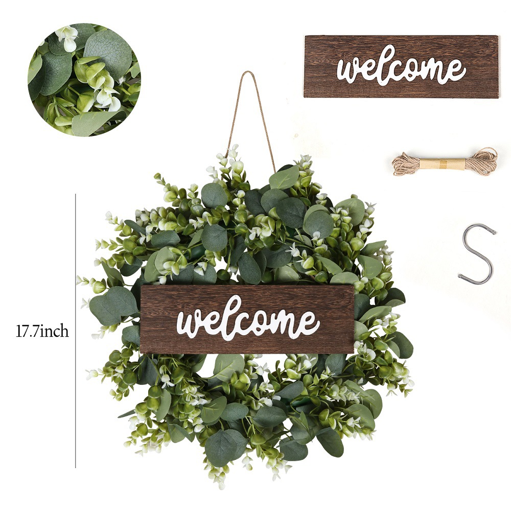 跨境简约门饰diy花环 桉树叶尤加利假花圣诞仿真花环感恩节装饰品