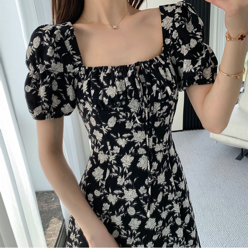 2024 New lantern-sleeved chiffon floral print dress for women, a summer style, French slit style, square neck long dress Specification image