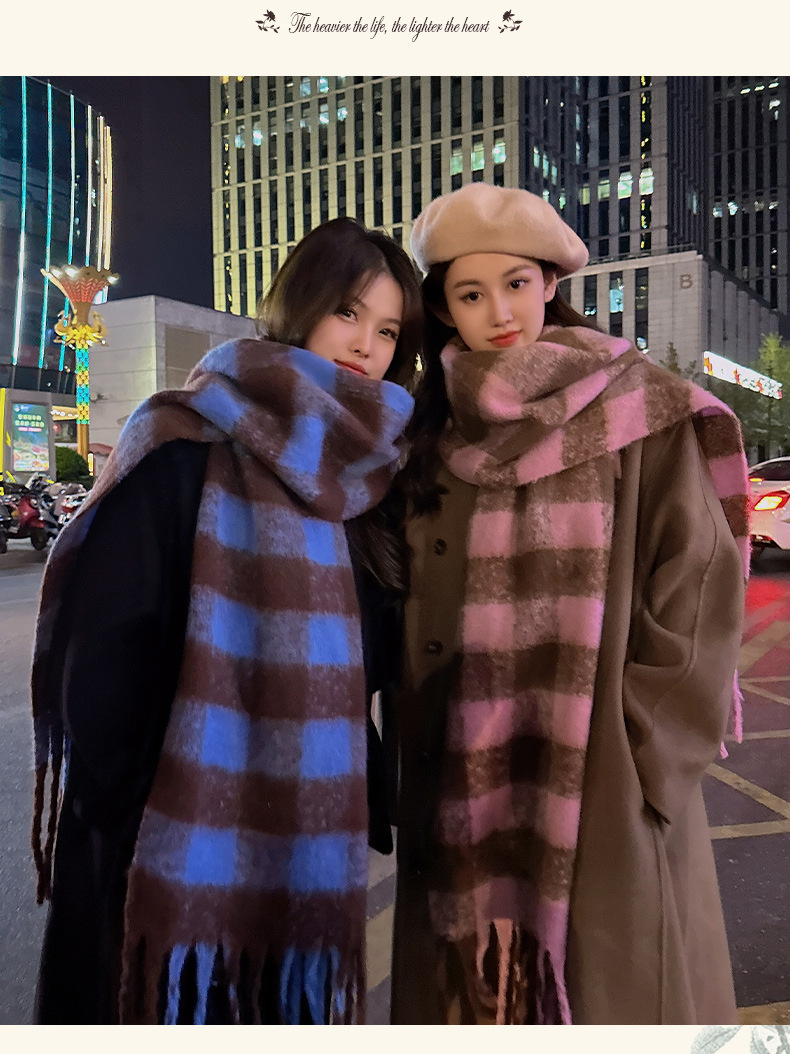 时尚韩版格子仿羊绒围巾冬季保暖加厚撞色彩色学生情侣围脖长巾详情11