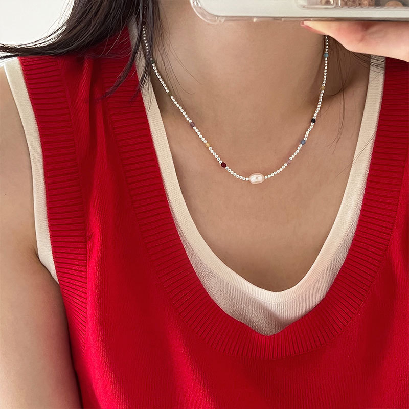 S925 Silver Colorful Beaded Baroque Pearl Necklace 2023 New Niche Design Sense With Everyday Collarbone Chain