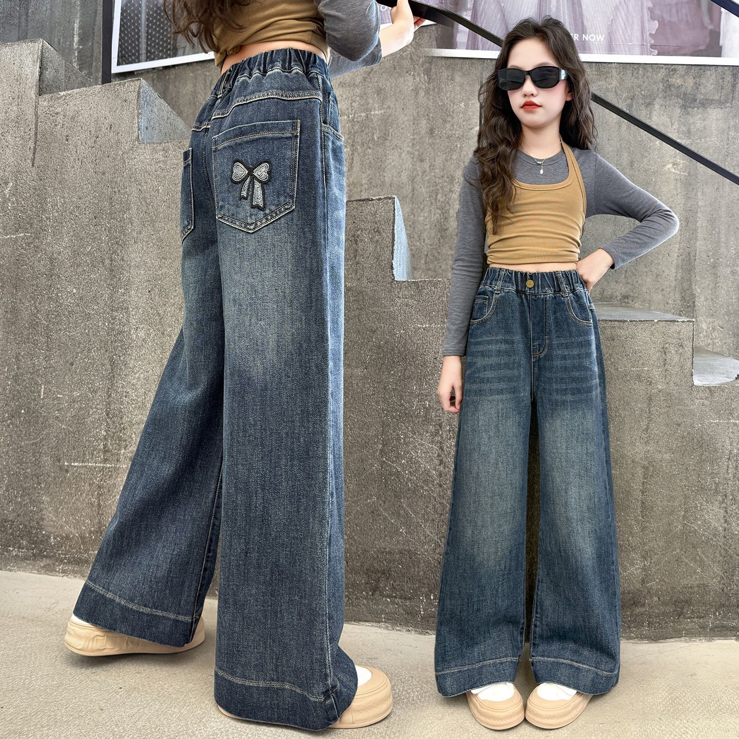Cross-border wholesale 2025 Autumn New Girls' jeans, fashionable and versatile denim long pants for girls and children autumn edition details Picture