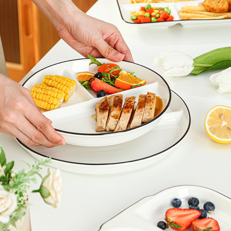 分格减脂餐盘一人食家用早餐餐具儿童定量北欧三格分陶瓷餐盘套装详情图2