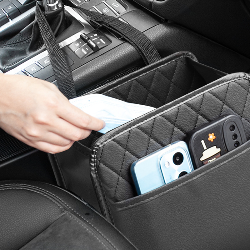 Car seat back storage bag, leather car seat hanging storage bag, multi-functional storage bag, car trash can Specification image