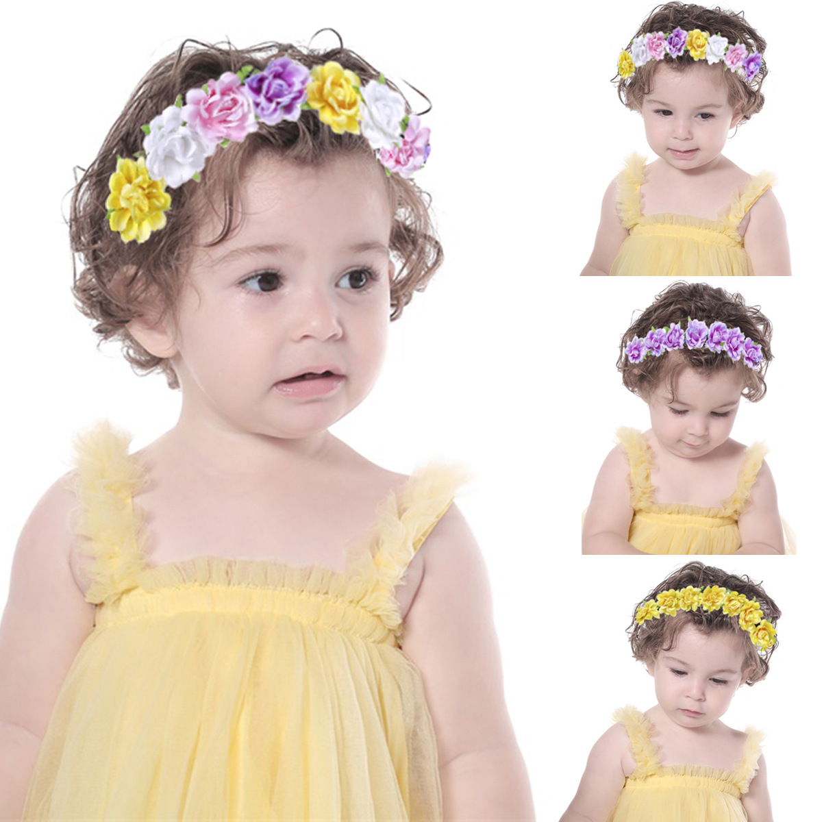 New European and American faux flower colorful children's headbands, spring outing baby photo accessories, super elastic and soft baby headbands details Picture