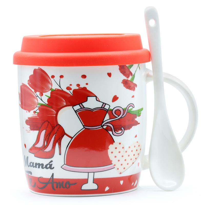 Spanish Mother's Day cups, Spanish Mother's Day mugs, gifts, ceramic cups, milk cups with silicone LIDS, handle spoons, gift sets, supports custom logo design, free design details Picture