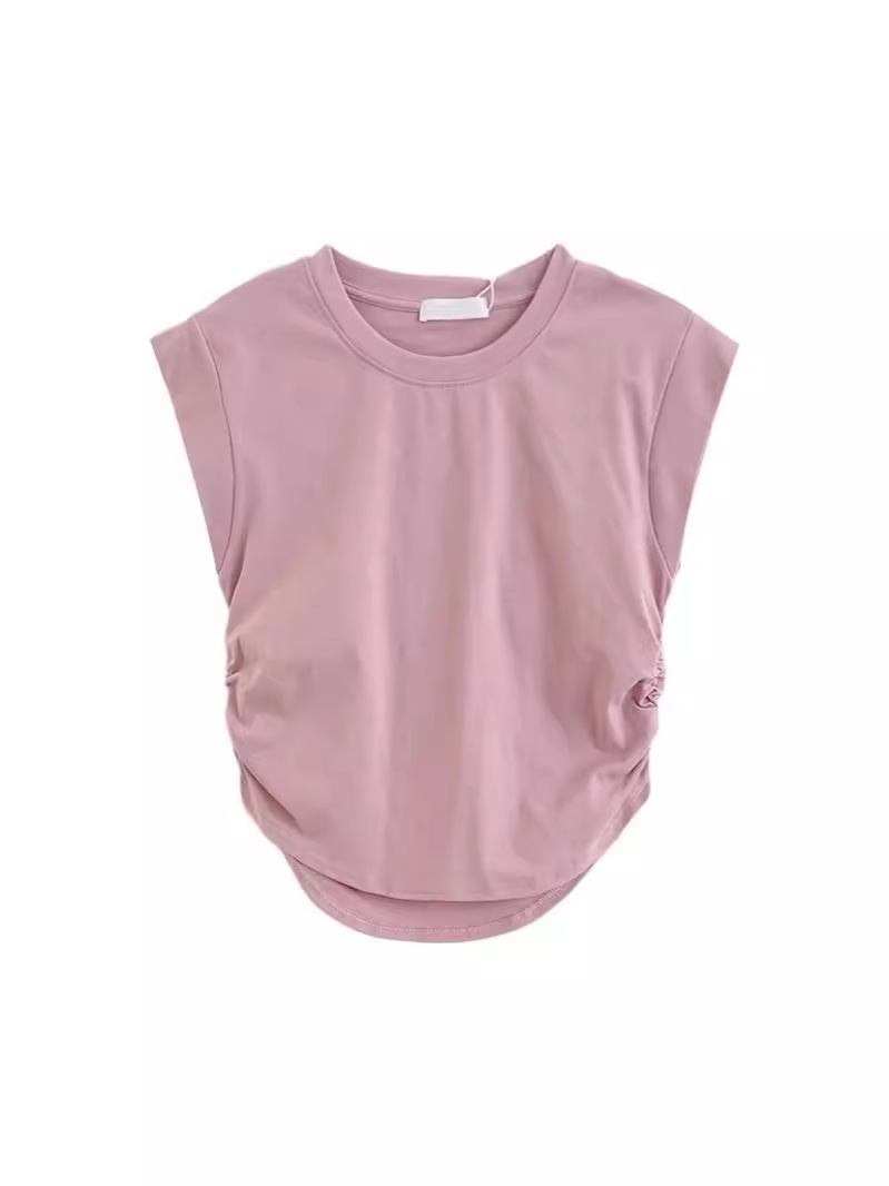 厂家直发弹力精品棉百搭纯色抽褶设计感修身显瘦飞飞袖背心上衣白底实物图