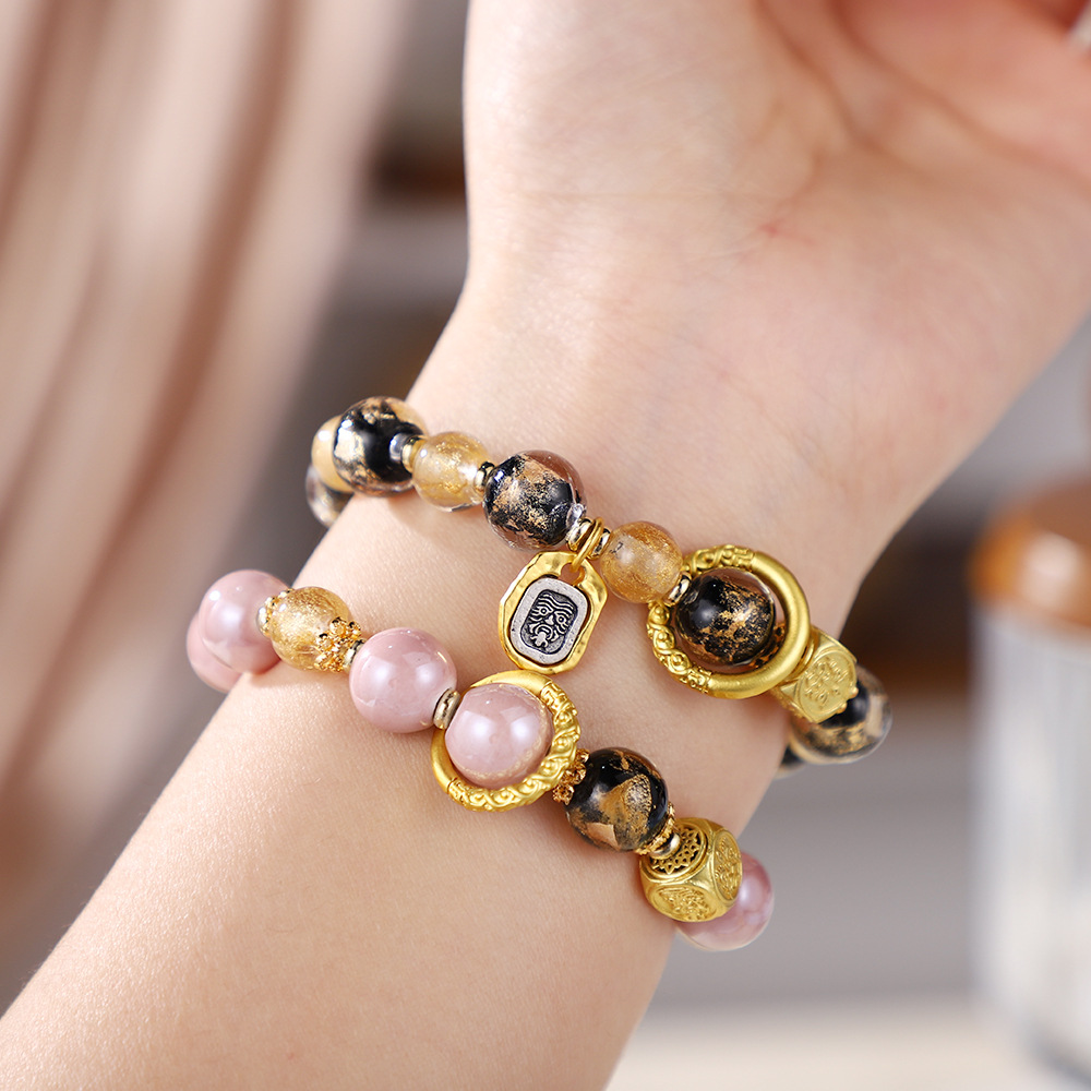 新中式金箔香灰琉璃手串北京雍九尾粉瓷跑环手链本命年纳福手饰品