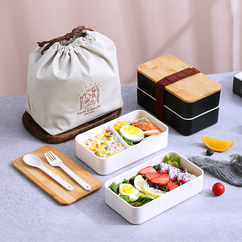 日式竹木盖双层塑料饭盒可微波便携便当盒套装学生上班族午餐盒