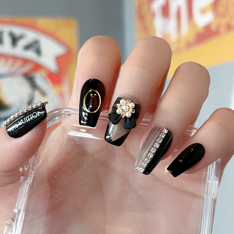 Small Fragrance Black Bow Pure Handmade Wear A Sweet Cool Spice Girl Light Luxury White High-Grade Manicure Fake Nails Specification drawing