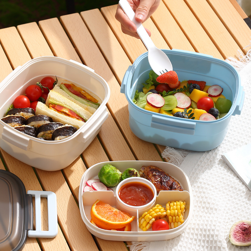 ISN户外露营保冷便携双层沙拉盒 大容量分格野餐食品级塑料保鲜盒