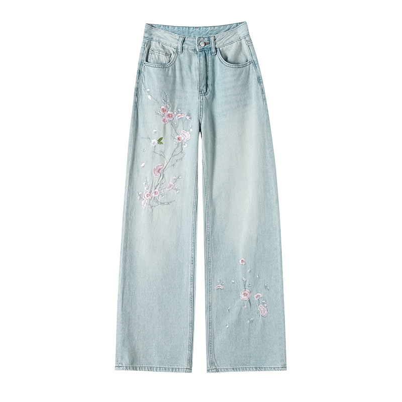 New Chinese-style embroidered wide-leg jeans for women in 2024, with a unique design sense, loose and slimming floor-length pants Item Picture
