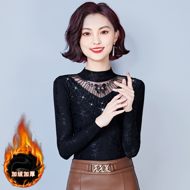 Real photos of the 2023 autumn/winter new long-sleeved fleece top for women, high-end European style mini shirt, stylish lace base layer shirt for women Application Scenario