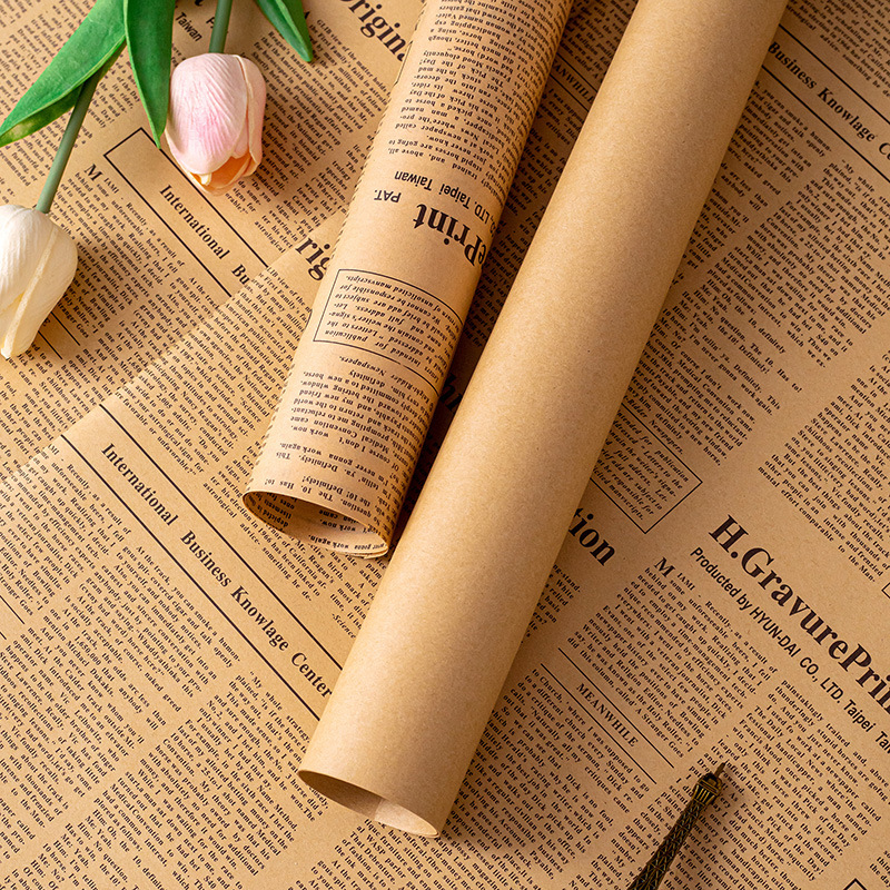 Vintage kraft paper wrapped book paper Gift Floral Art Flower Workshop bouquet Wrapping paper material flower wrapped floral paper English newspaper Specification drawing