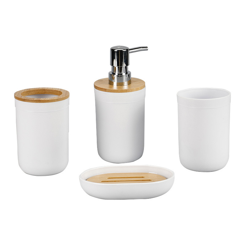 Bamboo cover bathroom washbasin plastic four-piece set manufacturer wholesale bathroom storage, washbasin, storage rack, toothbrush rack four-piece set Item Picture