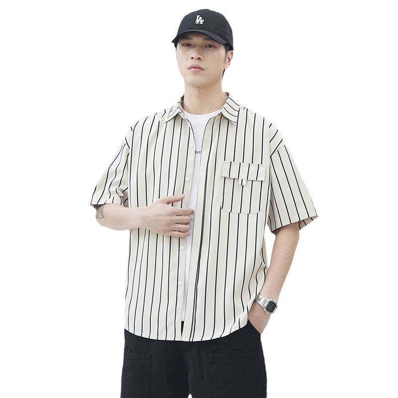 Striped short-sleeved shirts for men, thin and loose summer style, Hong Kong style, American high street, student casual and versatile cardigan shirt trend Item Picture