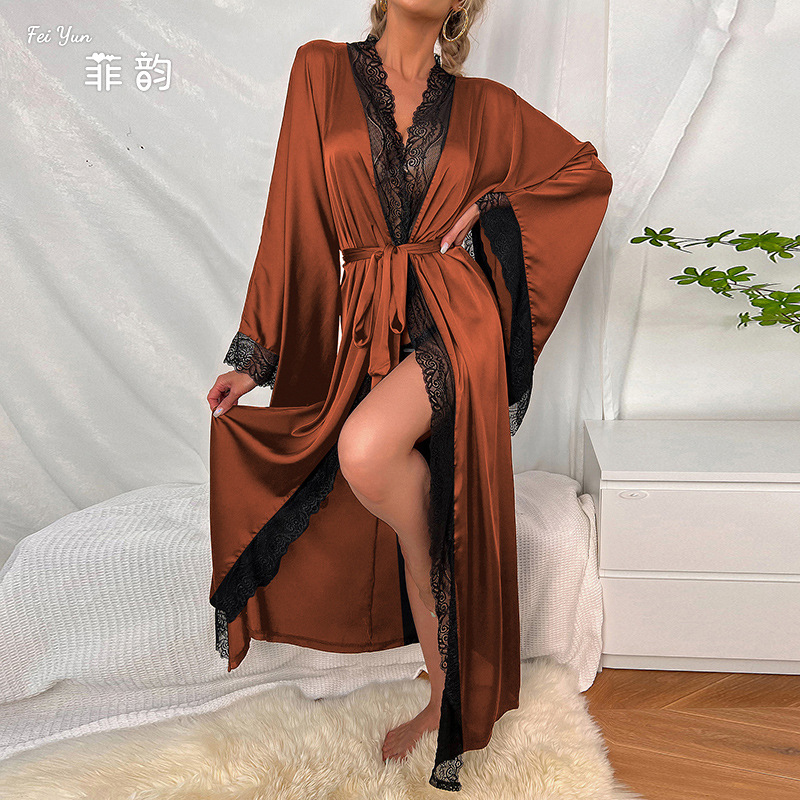 Custom-made satin long pajamas for women, light luxury long-sleeved cool bathrobes, bathrobes and home wear for women from the source factory, 336 Application Scenario