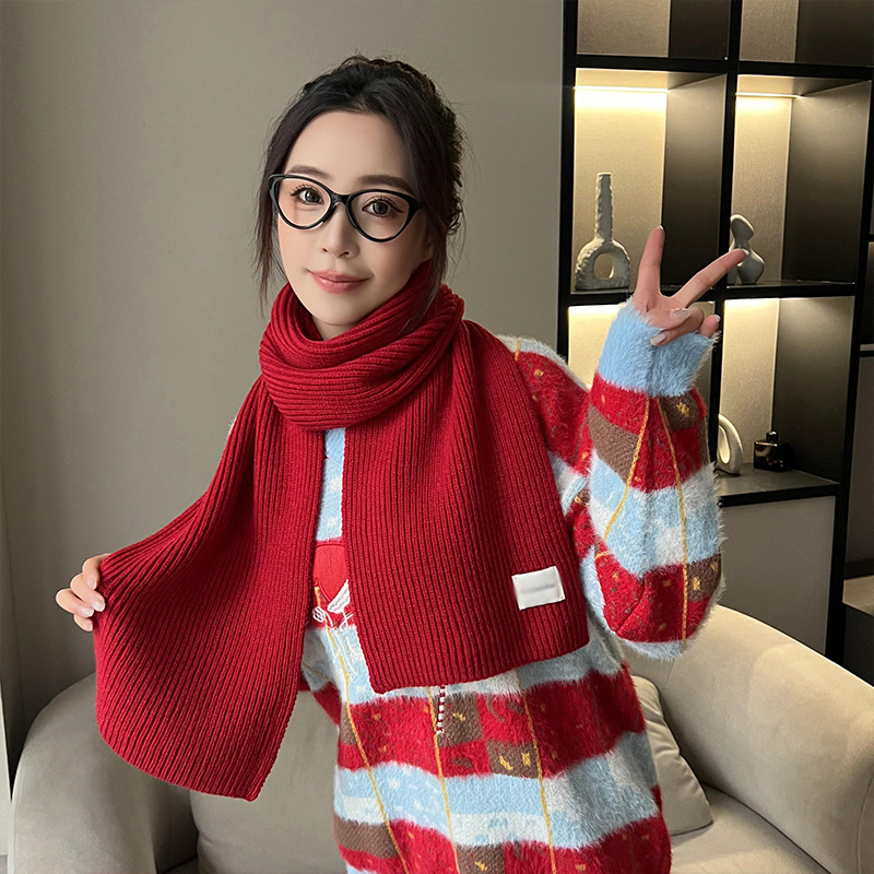 红色毛线围巾女冬季氛围感韩版百搭学生冬天保暖纯色加厚针织围脖详情5