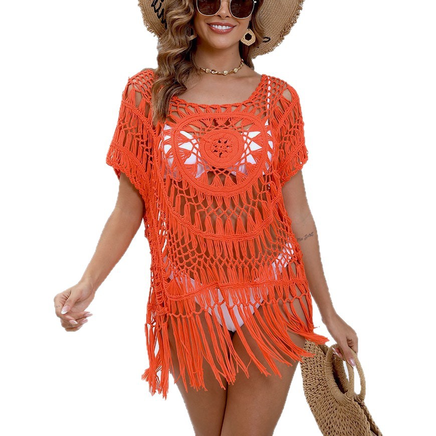 2025 New style hand-hooked hollowed-out bikini paired with beach smock, European and American cross-border women's clothing sexy beach tassel dress Item Picture