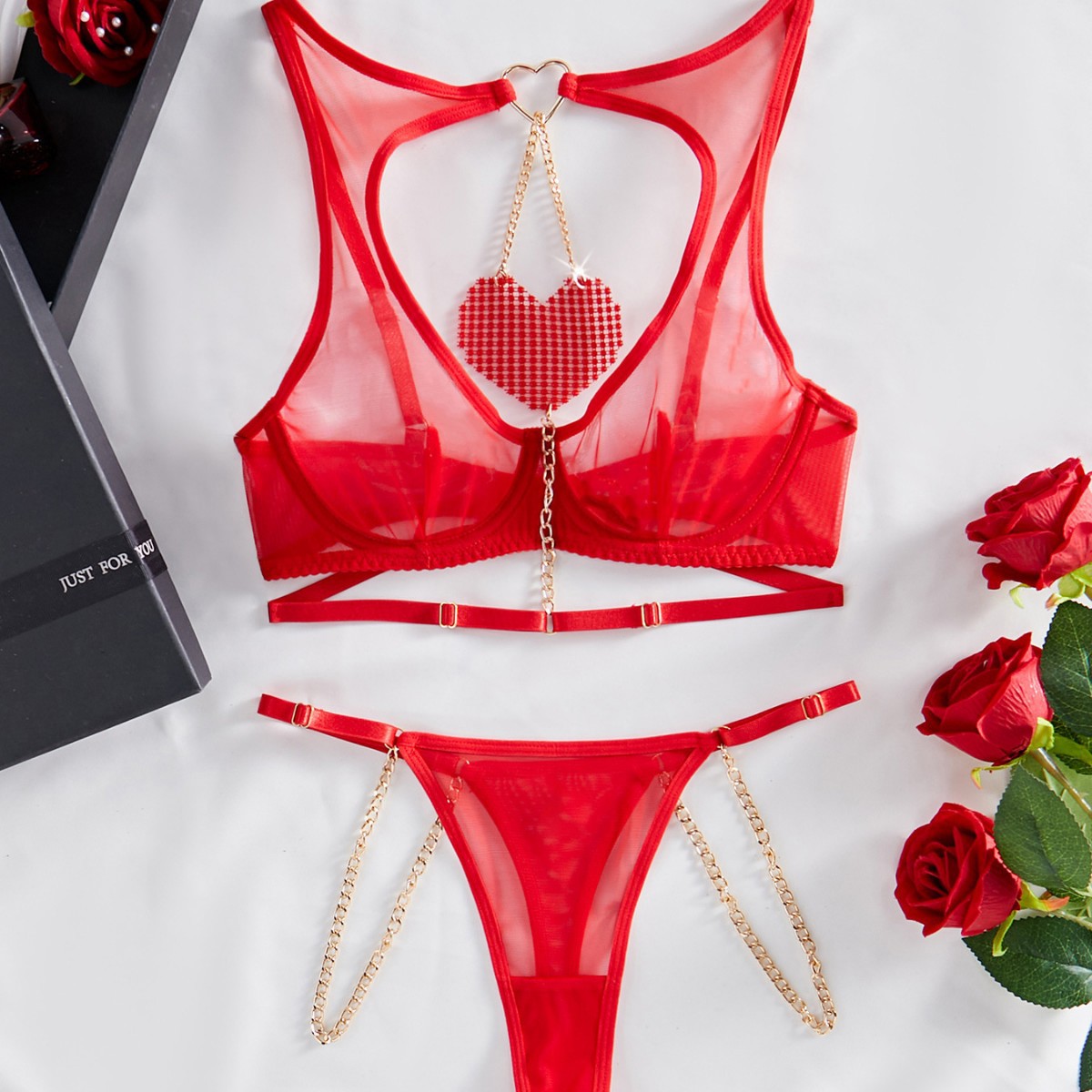 Comercio exterior europa y Estados Unidos venta caliente comercio exterior sexo lencería strass amor adornos cadena dos piezas encaje malla set sexy details Picture