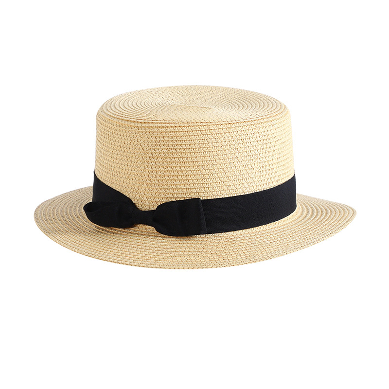 Summer sun protection women's flat top hat, knitted flat brim bow beach hat, outdoor breathable and sunshade straw hat wholesale Item Picture