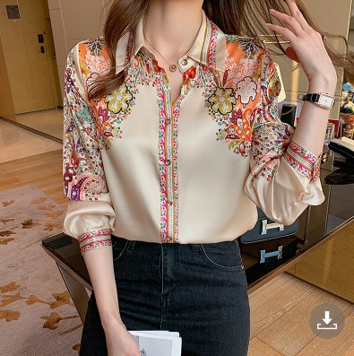 Retro positioning printed top 2021 autumn collection new satin long-sleeved shirt